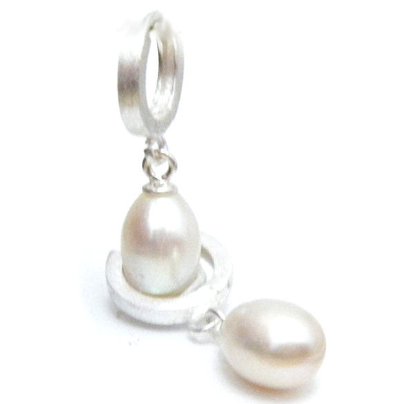 Silver Huggies with White 7mm Drop Pearls